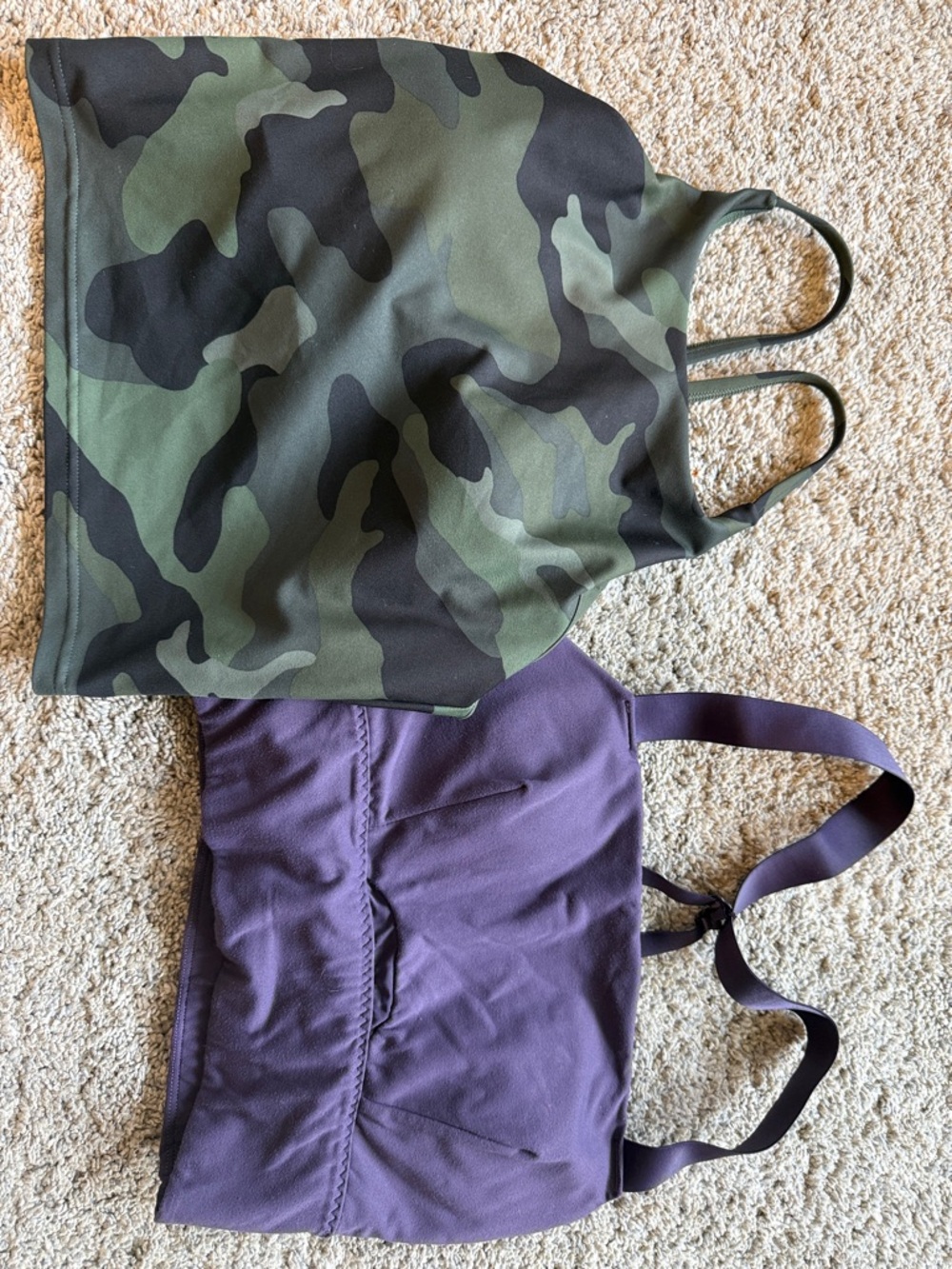 Athleta Olive Green Camo & Plum Purple Strappy Sports Bras